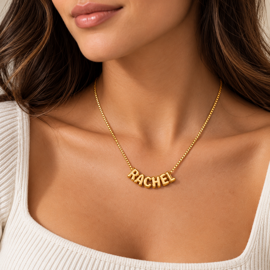 Personalized Bubble Name Necklace – Custom Gold Box Chain Necklace, 3D Name Jewelry, Personalized Gift for Her