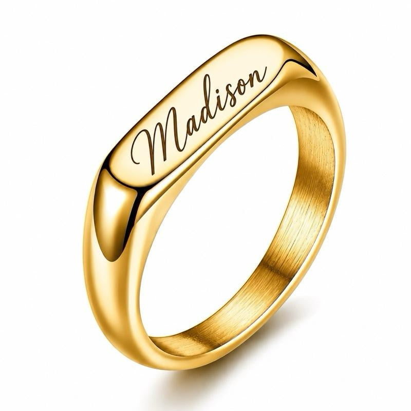 Custom Engraved Gold & Silver Ring, Minimalist Signet Ring, Custom Date Ring, Promise Ring, Gift for Her