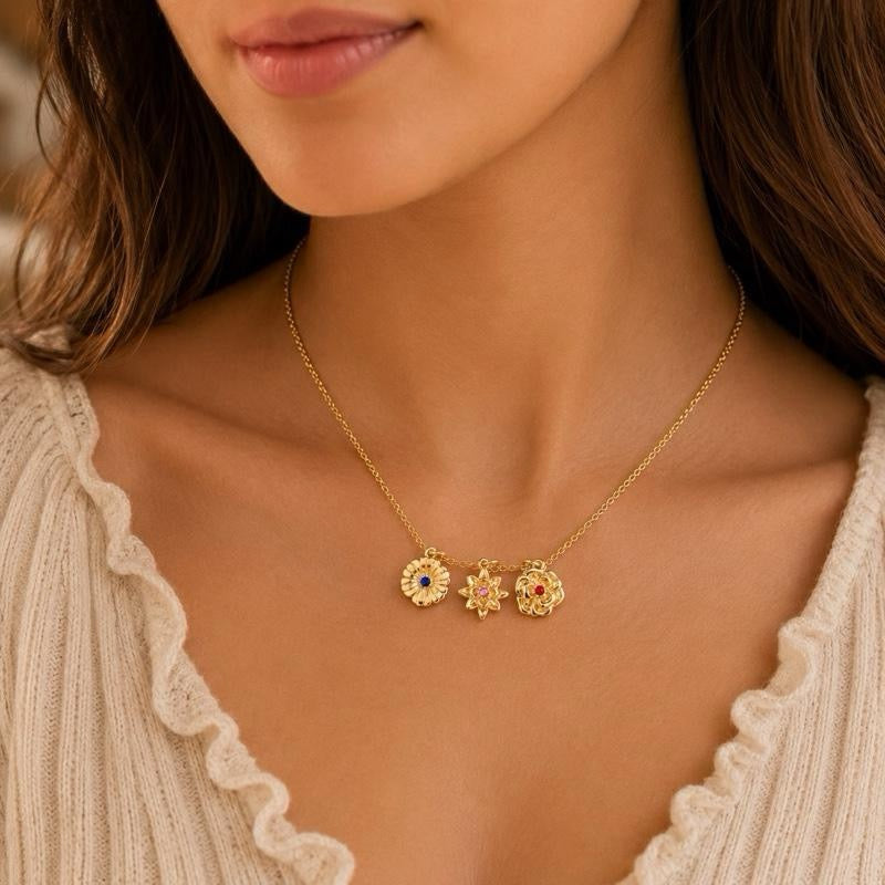 Personalized Multiple Birth Flower Charm Necklace with Birthstone | Custom Floral Necklace for Women | Birthday Gift for Her