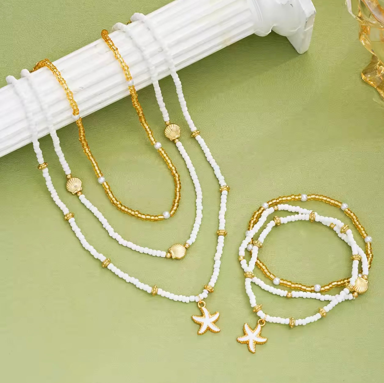 Minimalist & Elegant 6pcs Boho Jewelry Set – Beaded Shell & Starfish Necklace & Bracelets