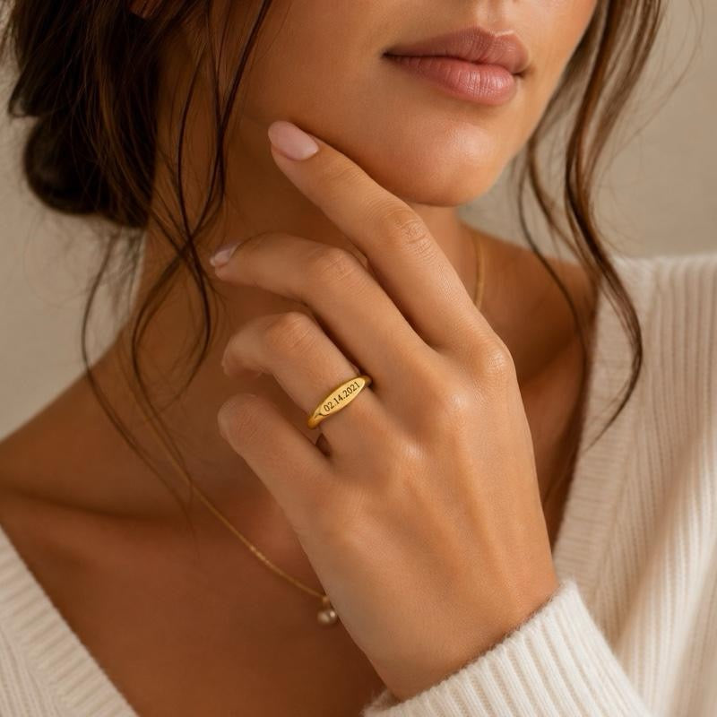 Custom Engraved Gold & Silver Ring, Minimalist Signet Ring, Custom Date Ring, Promise Ring, Gift for Her