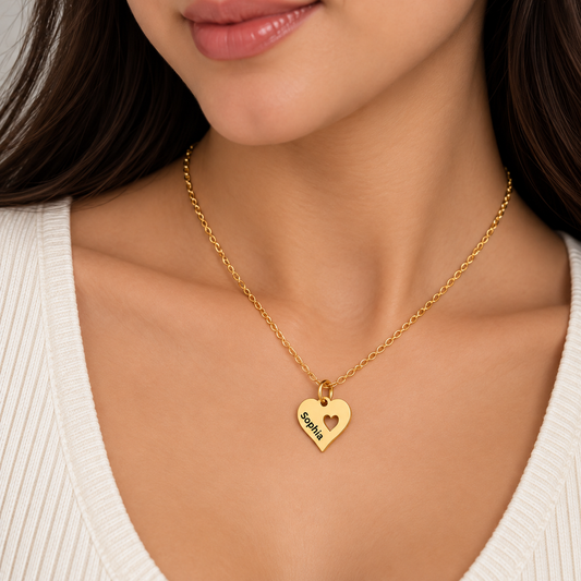 Personalized Heart Name Necklace, Custom Engraved Gold Necklace, Heart Pendant Necklace, Personalized Jewelry Gift for Her