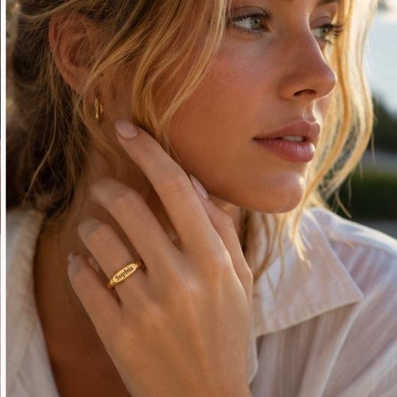Custom Engraved Gold & Silver Ring, Minimalist Signet Ring, Custom Date Ring, Promise Ring, Gift for Her