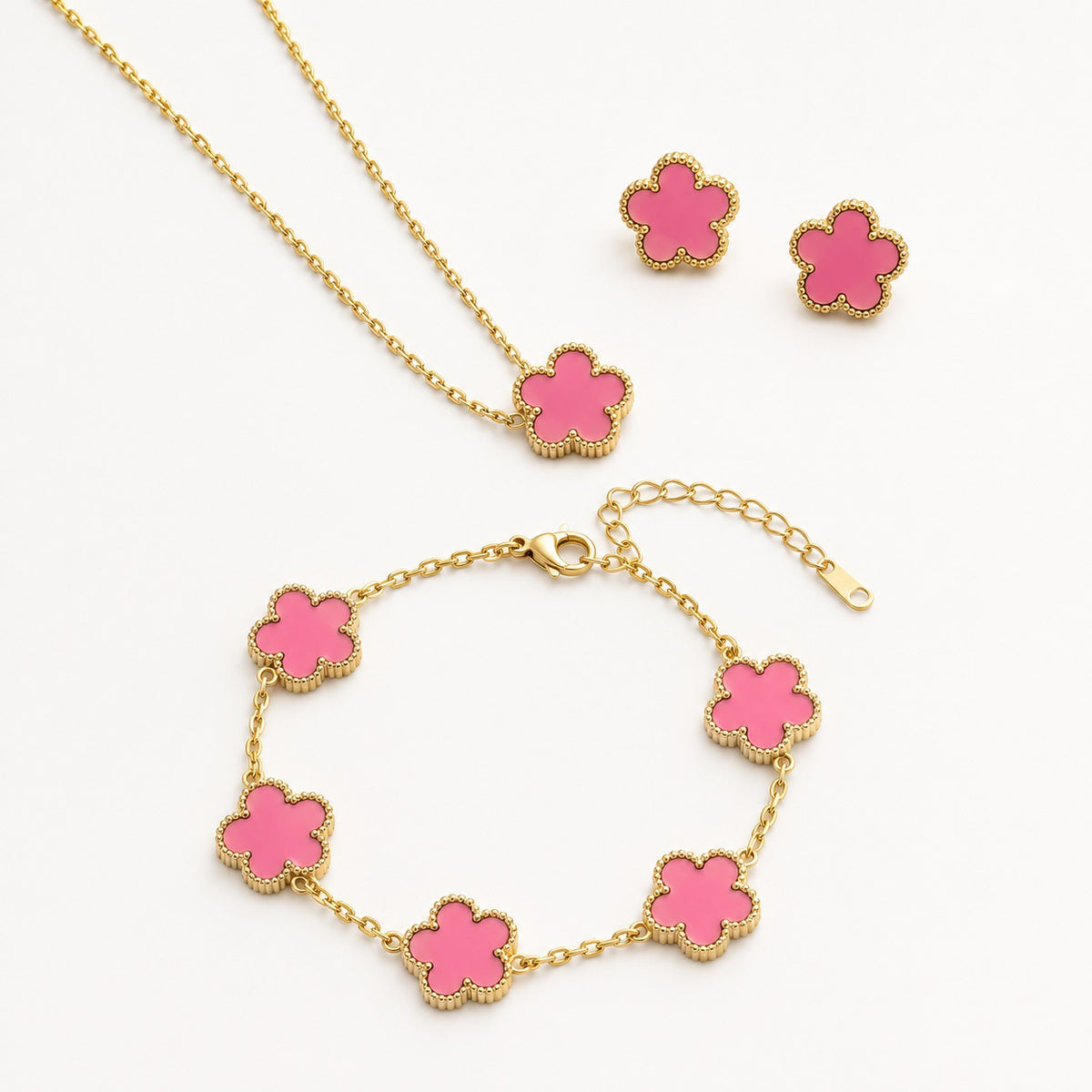Pink Flower Necklace, Bracelet & Earring Set