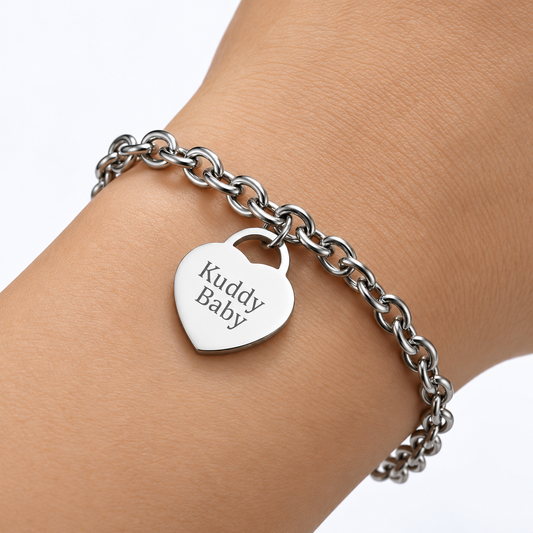 Personalized Heart Charm Bracelet, Custom Name Bracelet, Engraved Stainless Steel Jewelry, Gift for Her, Gold Silver Rose Gold