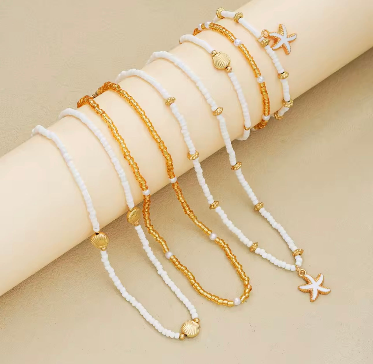 Minimalist & Elegant 6pcs Boho Jewelry Set – Beaded Shell & Starfish Necklace & Bracelets