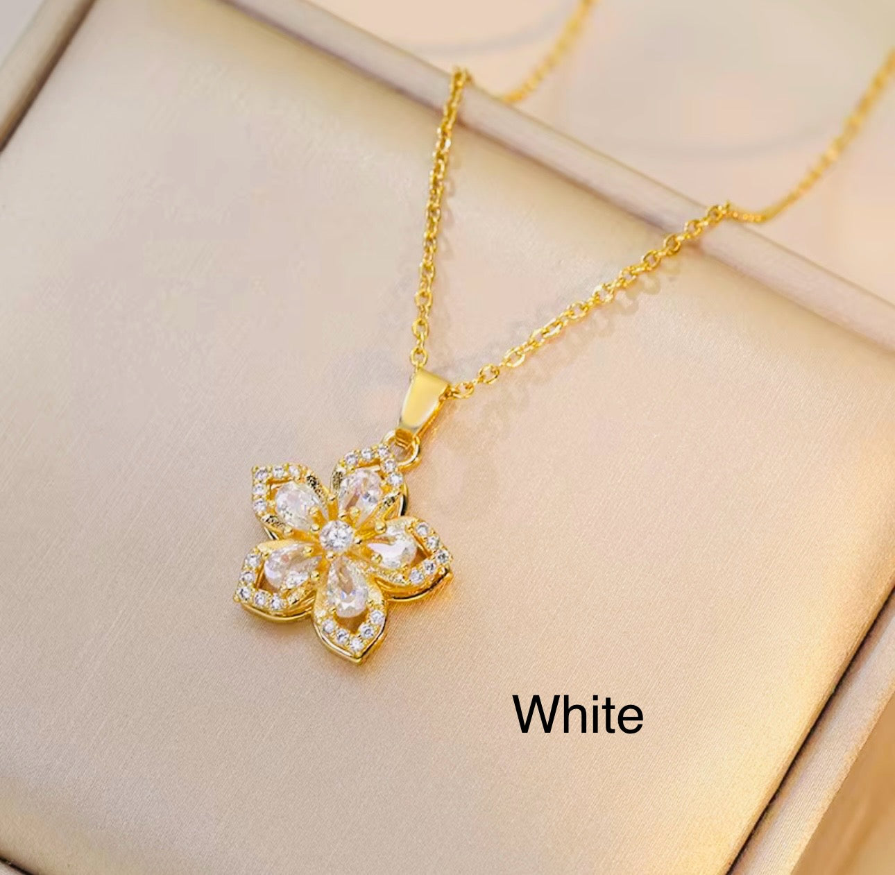 Rotating Flower Necklace for Women | Gold Crystal Blossom | Minimalist Gift for Her | Green, Pink, White & Red