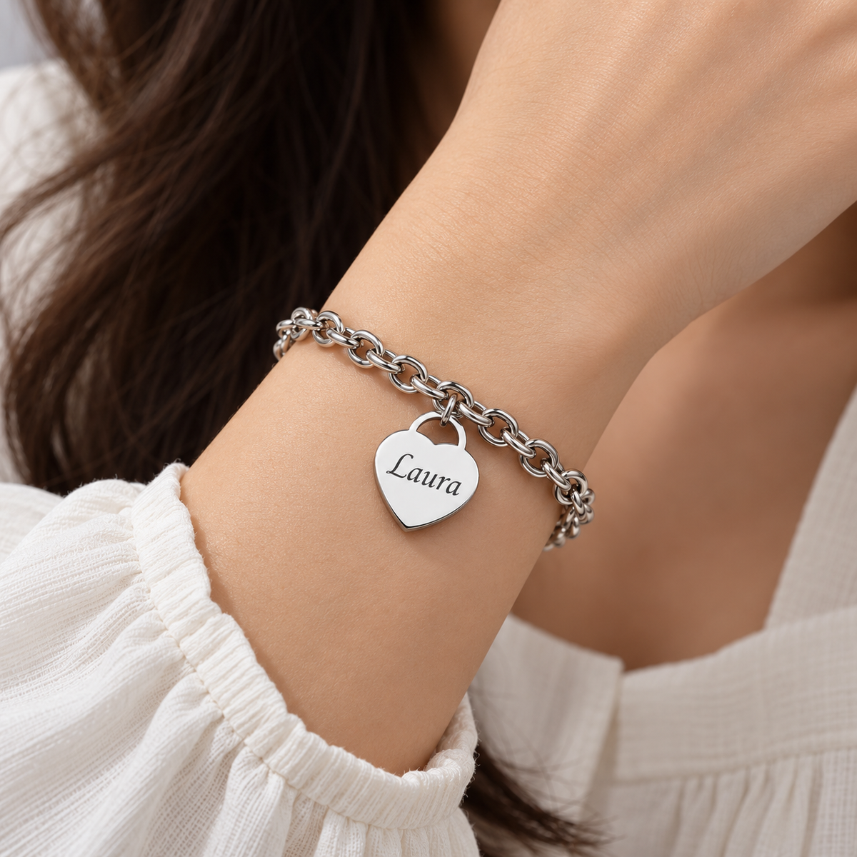 Personalized Heart Charm Bracelet, Custom Name Bracelet, Engraved Stainless Steel Jewelry, Gift for Her, Gold Silver Rose Gold