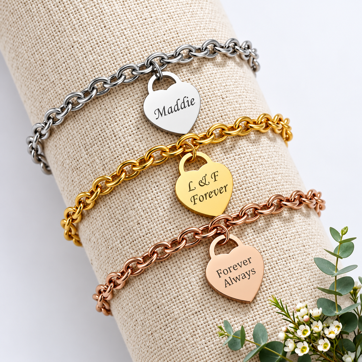 Personalized Heart Charm Bracelet, Custom Name Bracelet, Engraved Stainless Steel Jewelry, Gift for Her, Gold Silver Rose Gold