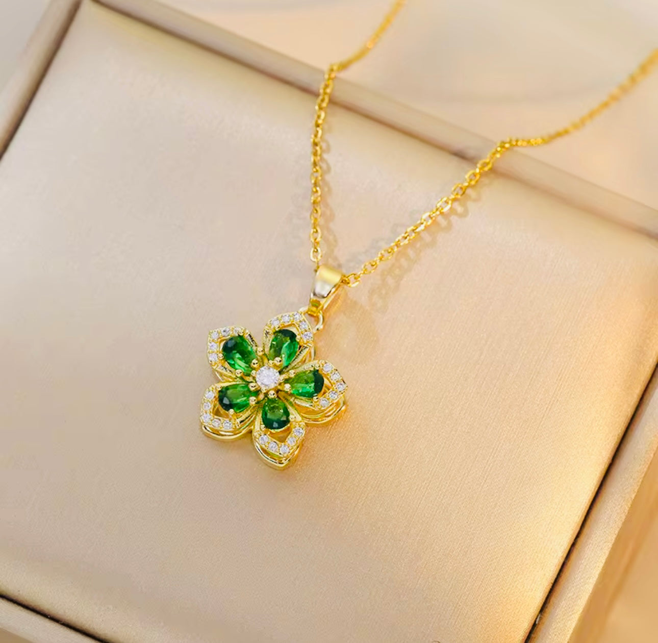 Rotating Flower Necklace for Women | Gold Crystal Blossom | Minimalist Gift for Her | Green, Pink, White & Red