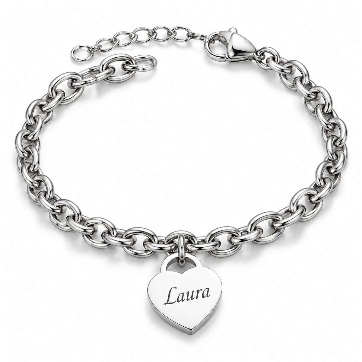 Personalized Heart Charm Bracelet, Custom Name Bracelet, Engraved Stainless Steel Jewelry, Gift for Her, Gold Silver Rose Gold