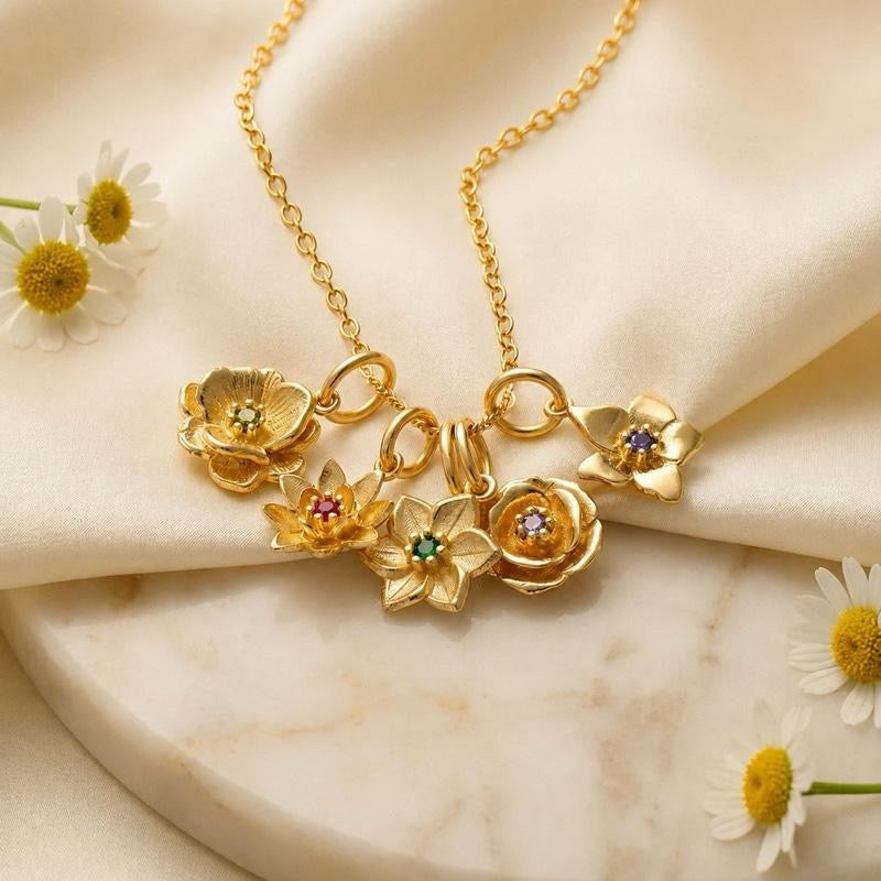 Personalized Multiple Birth Flower Charm Necklace with Birthstone | Custom Floral Necklace for Women | Birthday Gift for Her