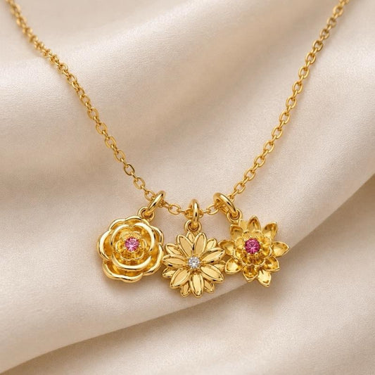 Personalized Multiple Birth Flower Charm Necklace with Birthstone | Custom Floral Necklace for Women | Birthday Gift for Her