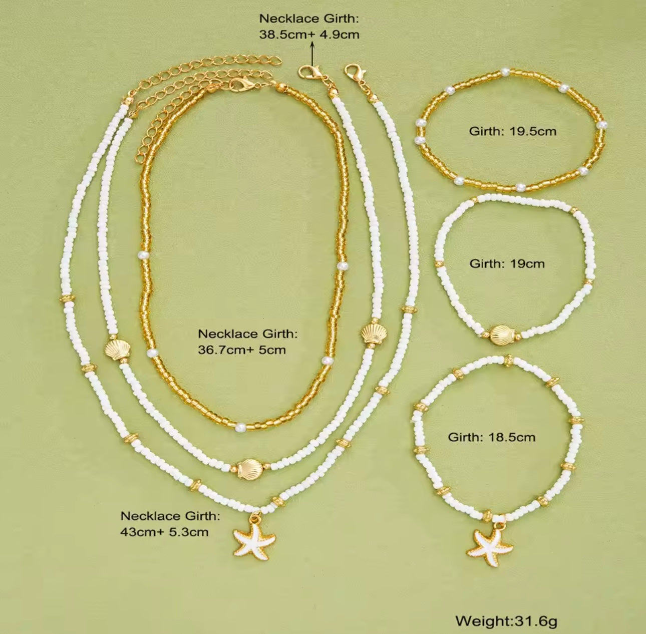Minimalist & Elegant 6pcs Boho Jewelry Set – Beaded Shell & Starfish Necklace & Bracelets