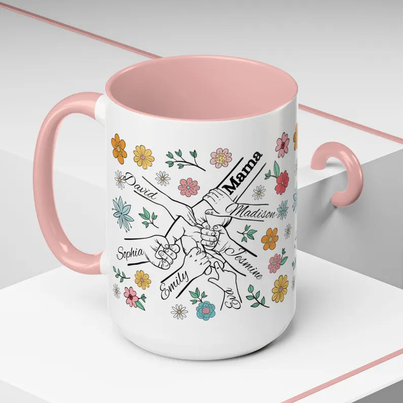 1- 6 Personalized Holding Mom's Hand | Floral Family Mug - Personalized Gift for Moms | Family Gatherings, Mother's Day, Custom Drinkware