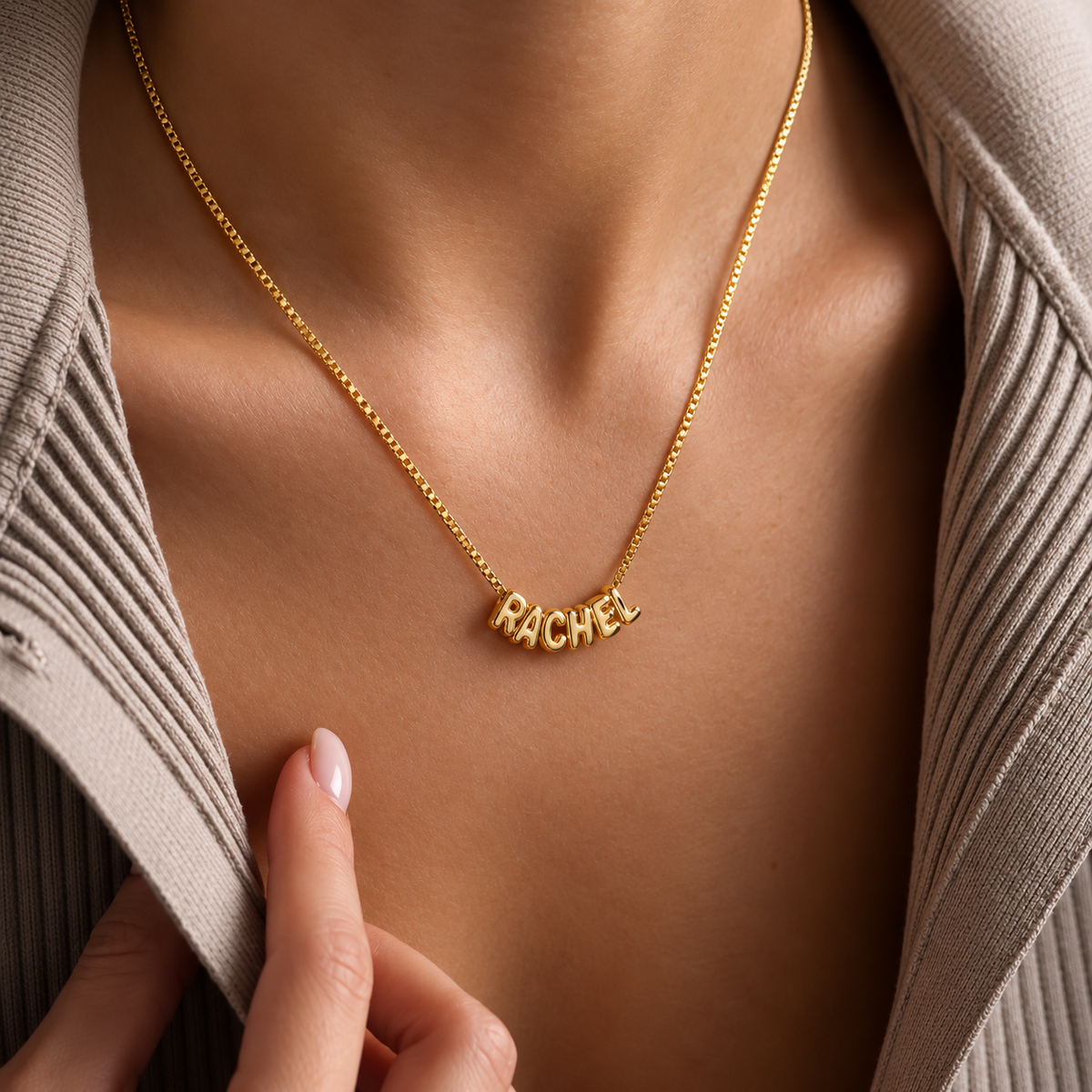 Personalized Bubble Name Necklace – Custom Gold Box Chain Necklace, 3D Name Jewelry, Personalized Gift for Her
