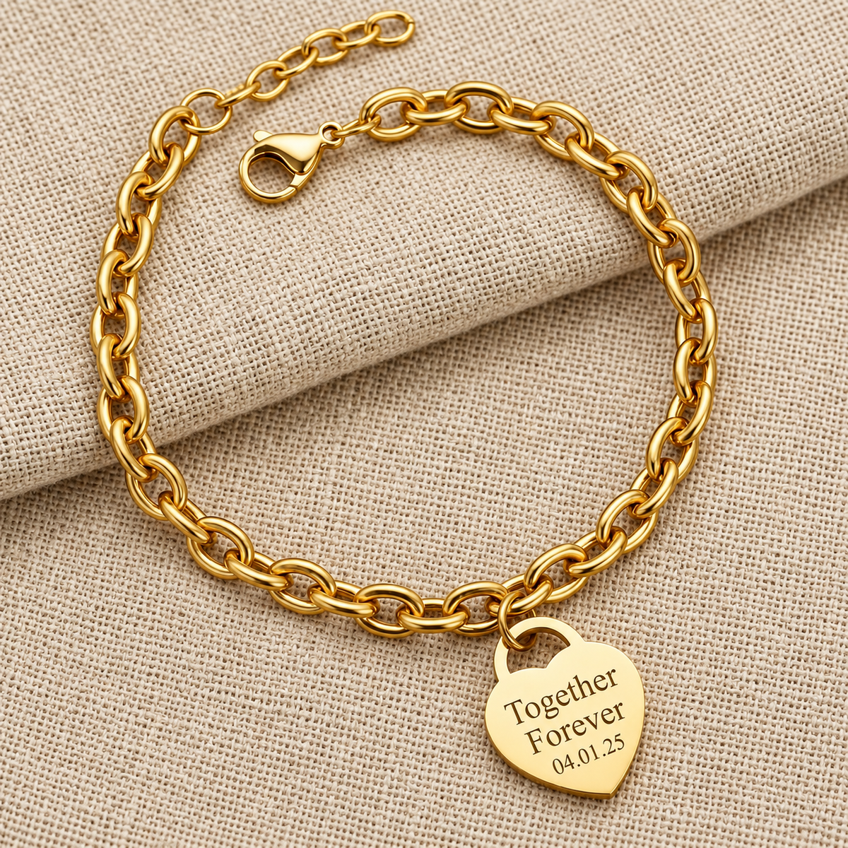 Personalized Heart Charm Bracelet, Custom Name Bracelet, Engraved Stainless Steel Jewelry, Gift for Her, Gold Silver Rose Gold