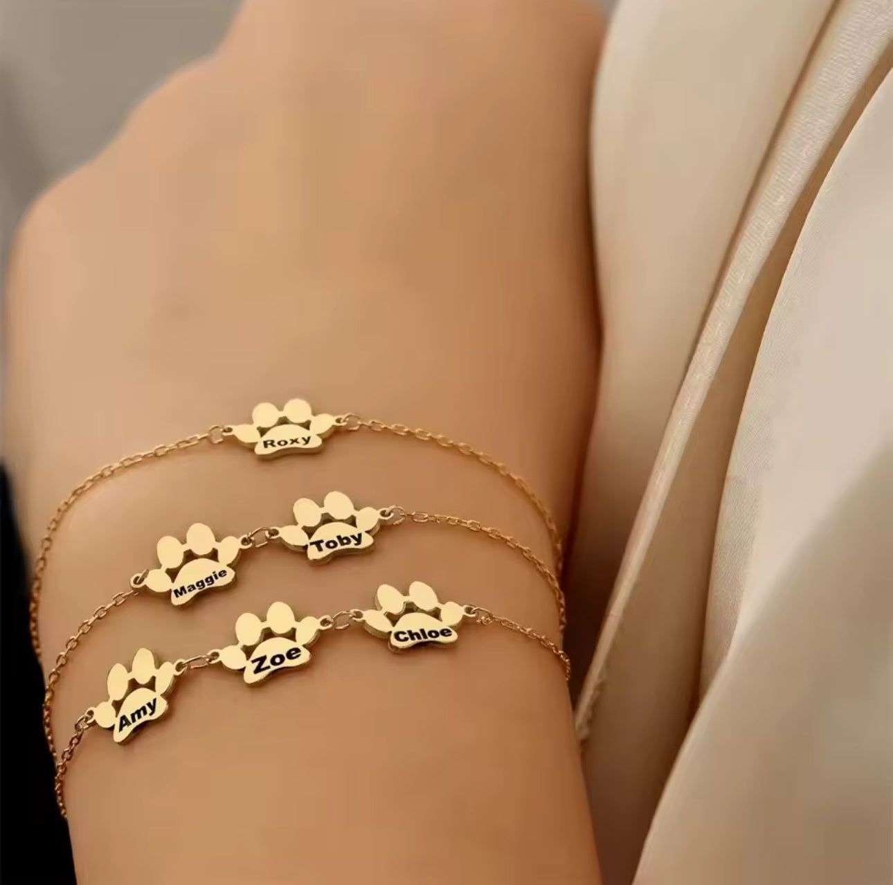 Custom Pet Paw Bracelet • Engraved Pet Name Jewelry • Dog & Cat Bracelet