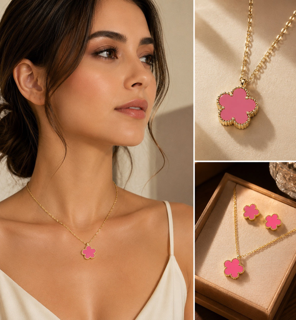 Pink Flower Necklace, Bracelet & Earring Set