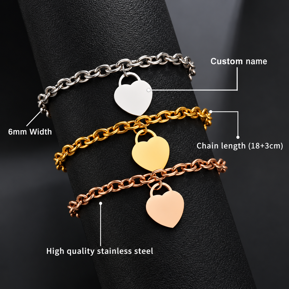 Personalized Heart Charm Bracelet, Custom Name Bracelet, Engraved Stainless Steel Jewelry, Gift for Her, Gold Silver Rose Gold